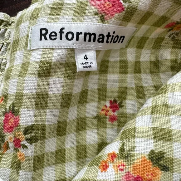 Reformation Roarke Linen Dress Patio Floral Checkered Feminine Dress 4 - Picture 4 of 13